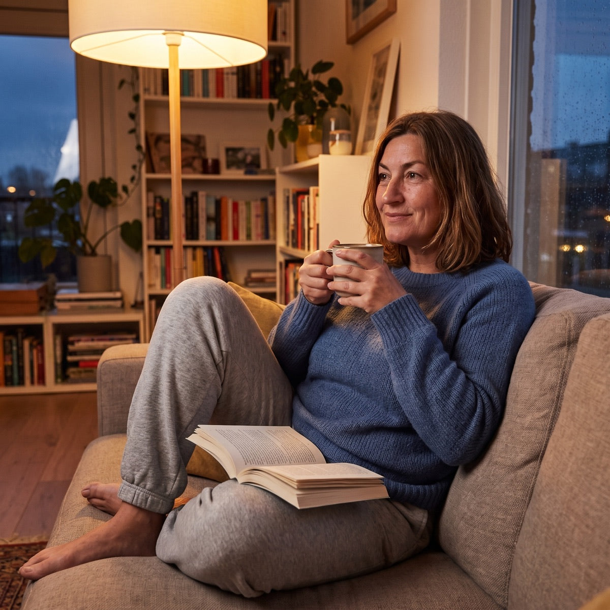 Een vrouw met een kop thee op de bank aan het eind van de dag