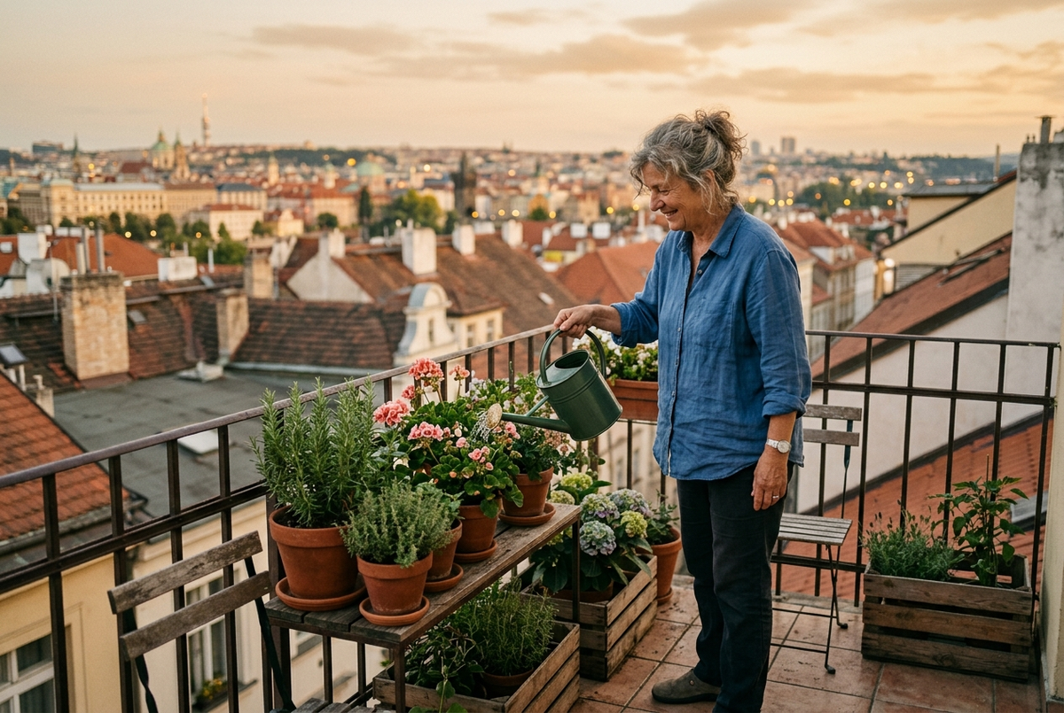 Een vrouw geeft planten water op haar balkon