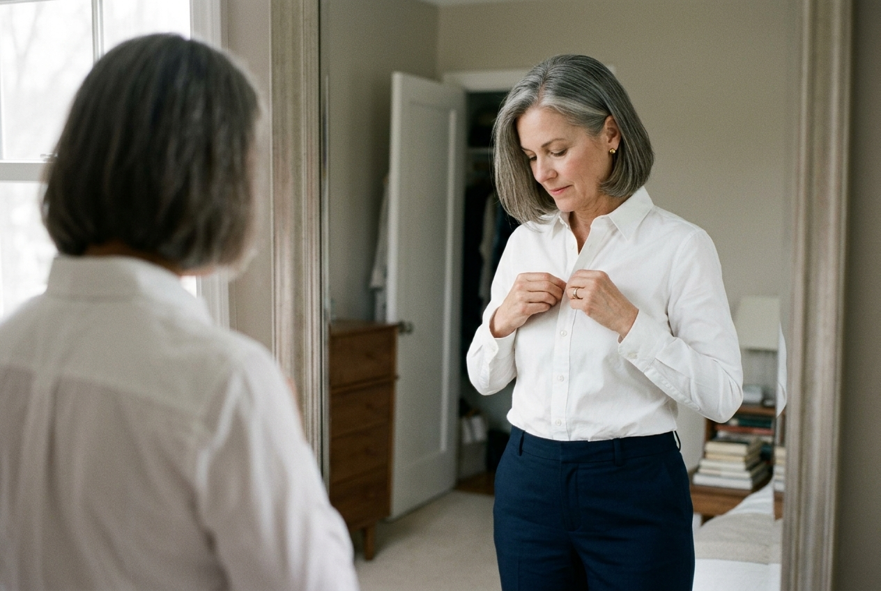Een vrouw knoopt een witte blouse dicht voor de spiegel