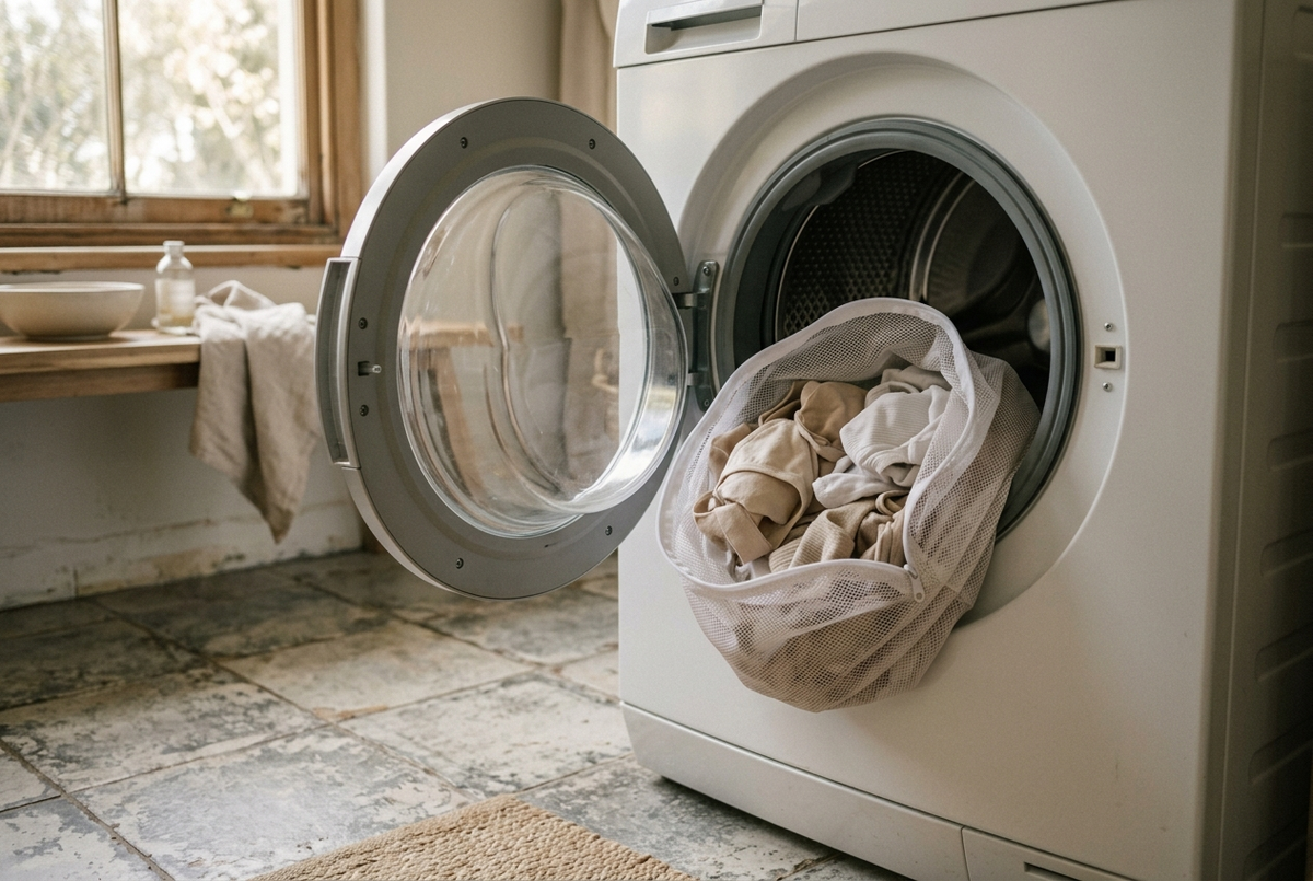 Een waszak met ondergoed in een open wasmachine
