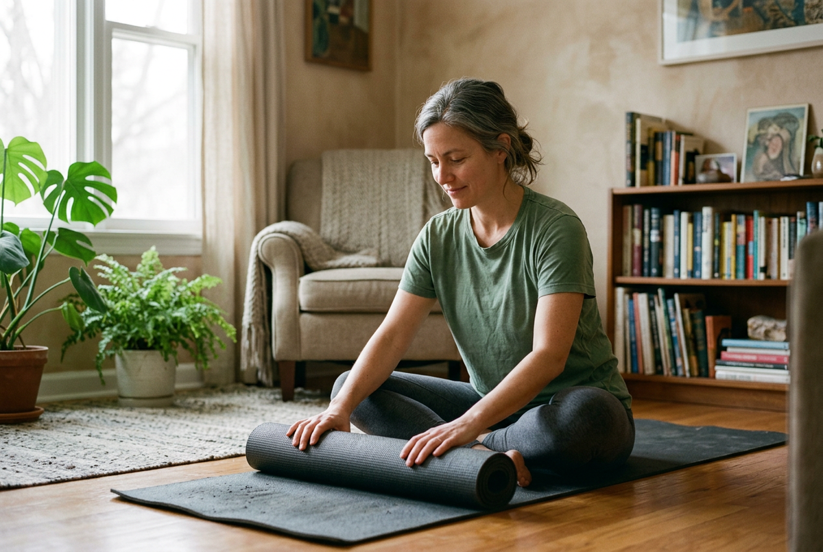 Een vrouw rolt een yogamat op in de woonkamer