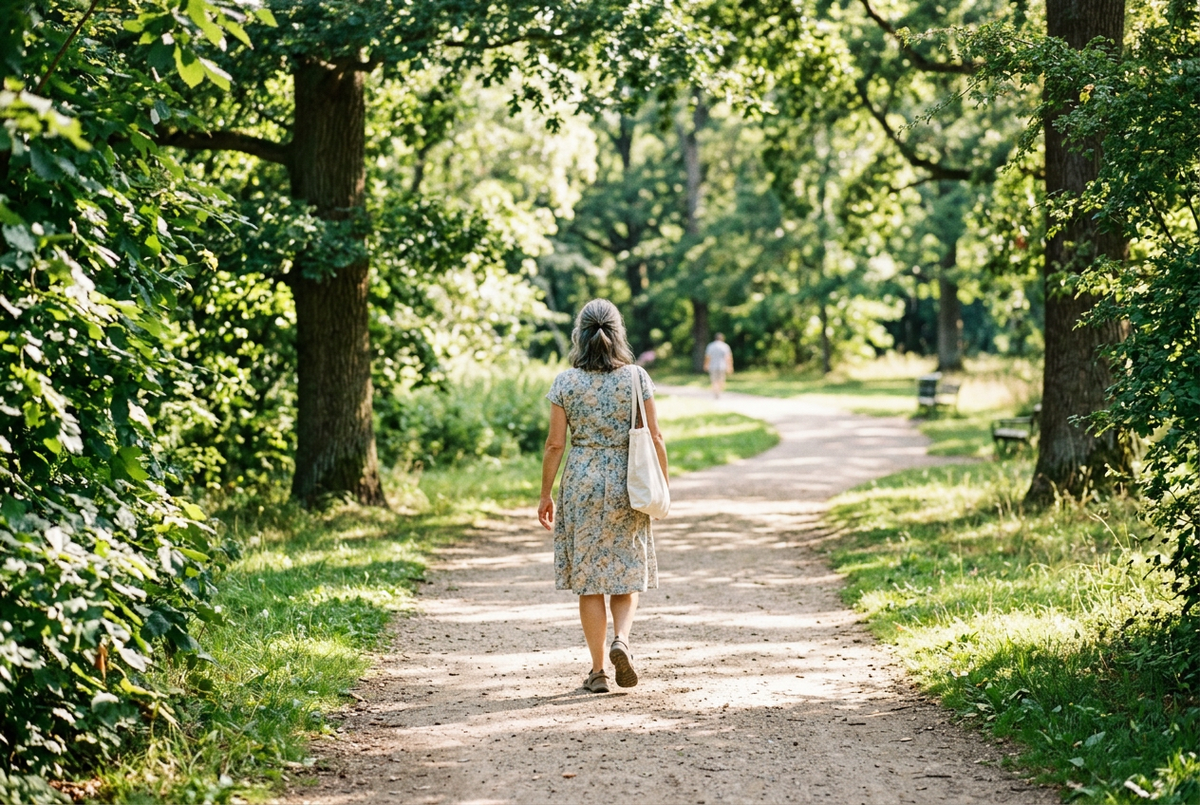 Een vrouw in een zomerjurk loopt door een zonnig park