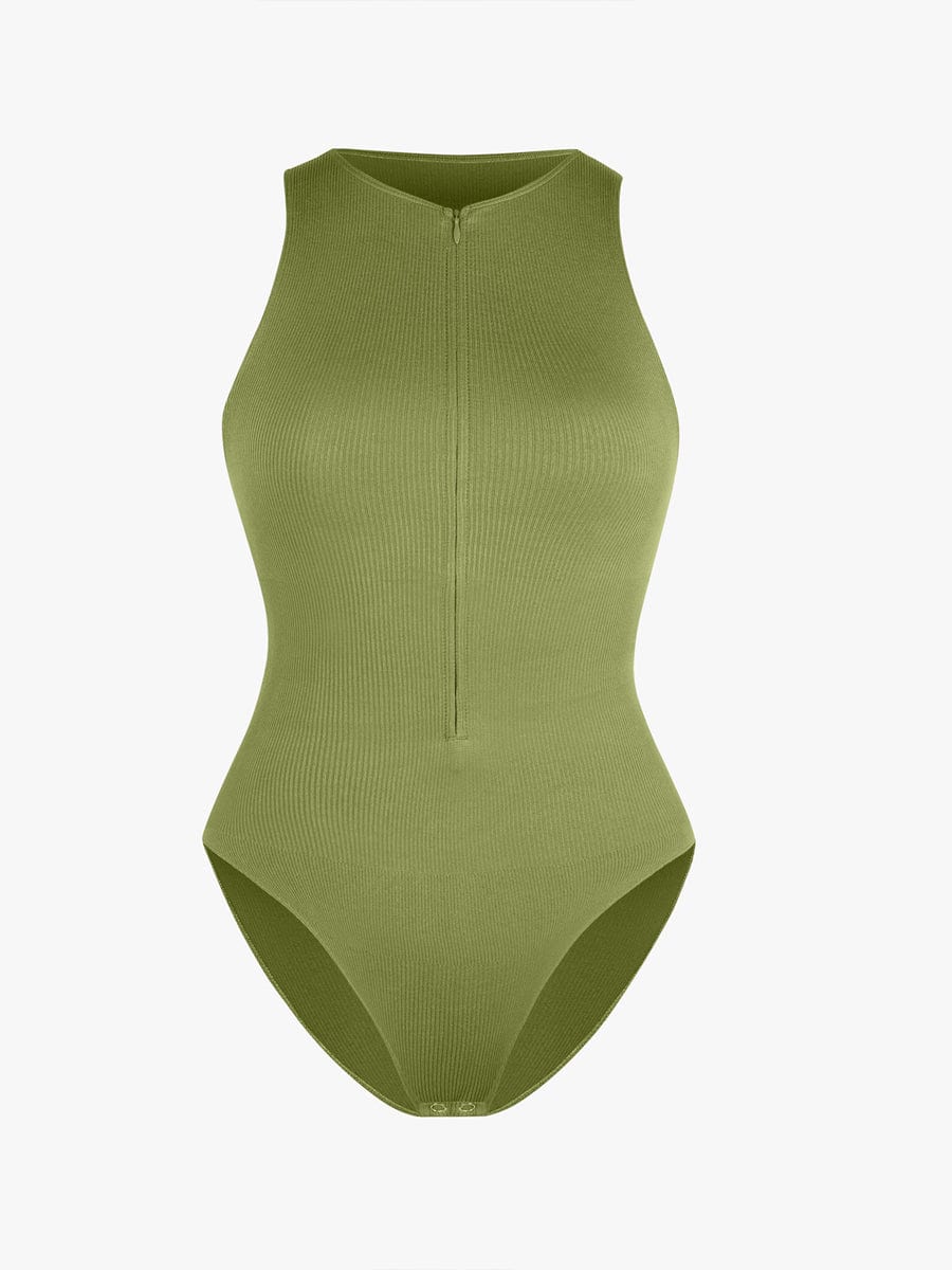 Geribbelde Zip-Front Tank Bodysuit