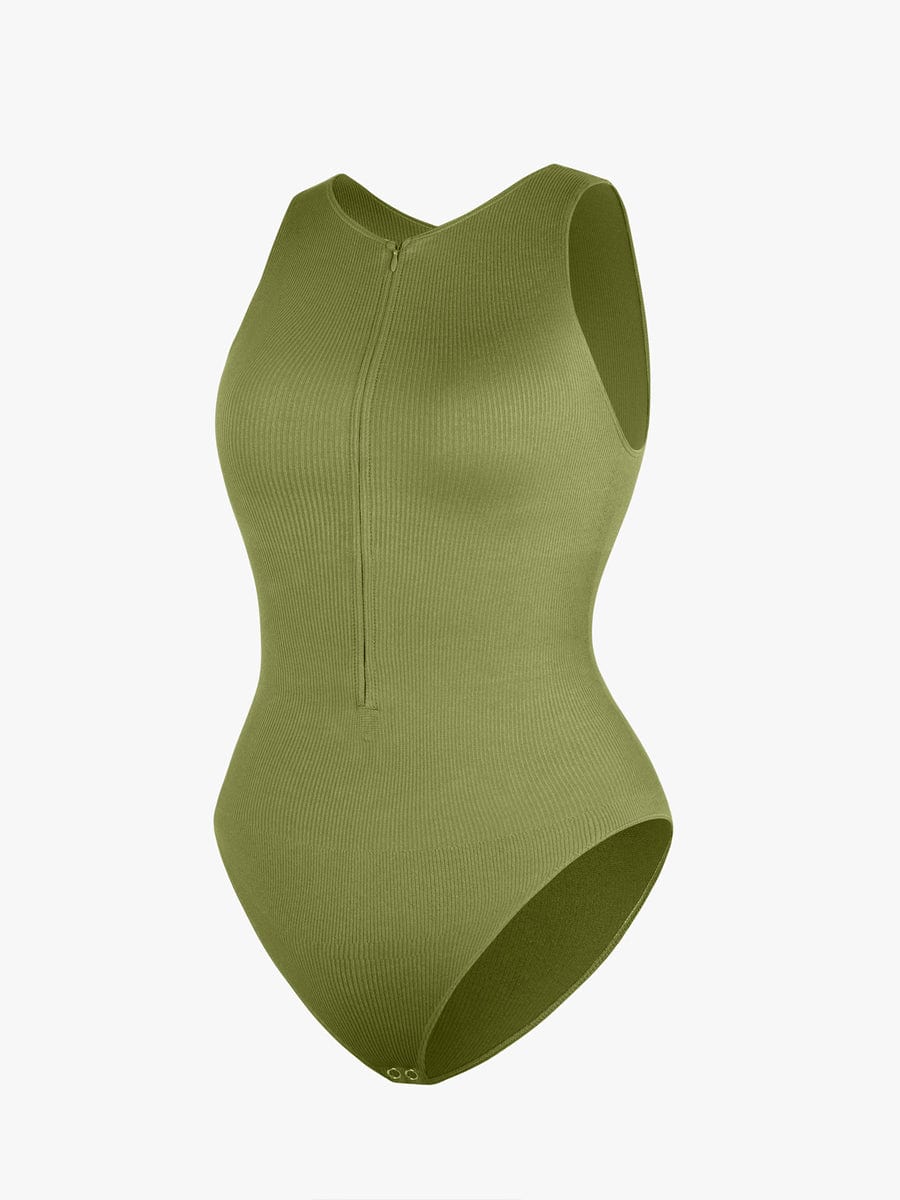 Geribbelde Zip-Front Tank Bodysuit