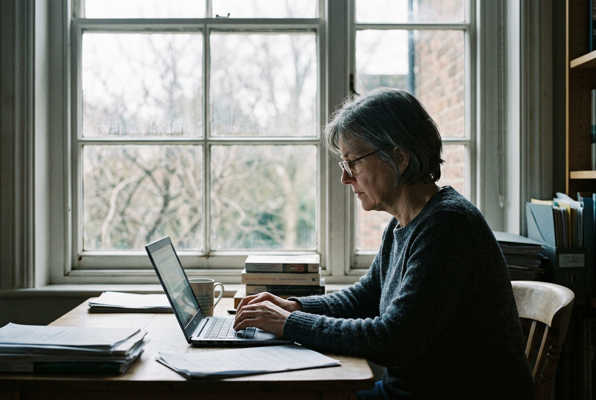 Een vrouw werkt aan een bureau bij het raam