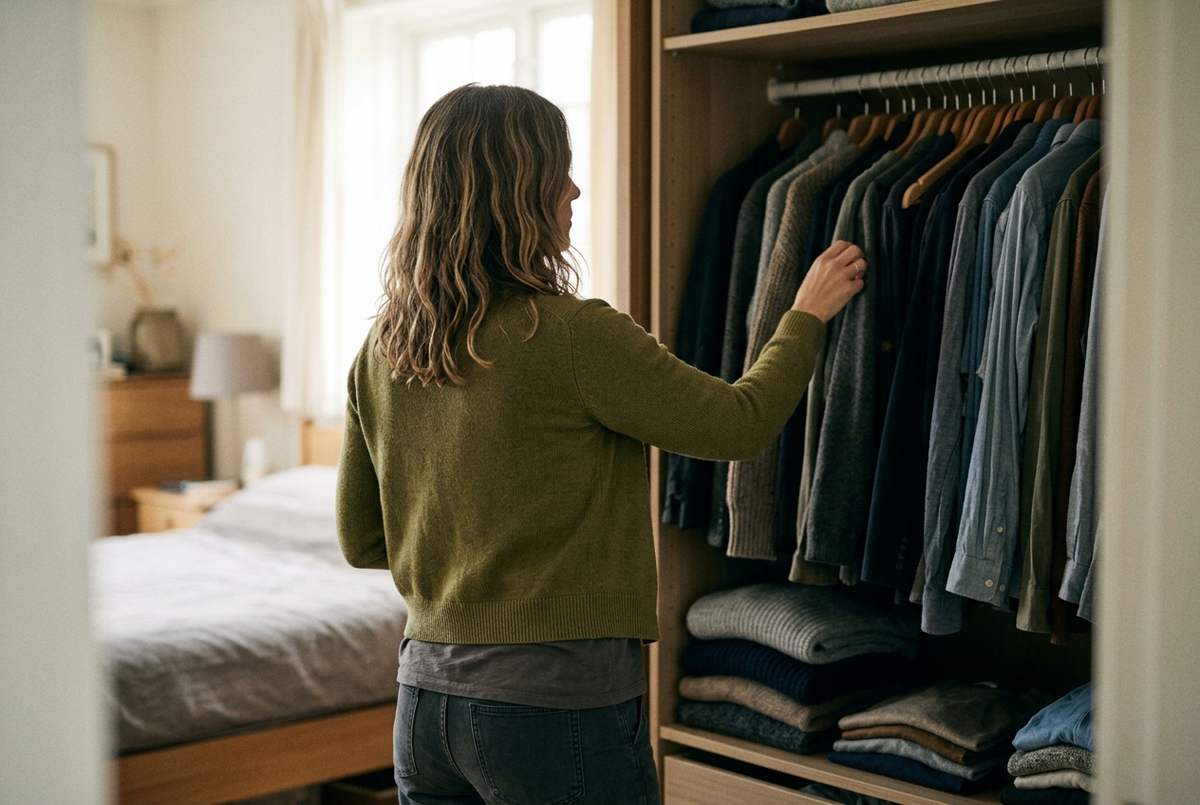 Een vrouw kijkt in haar open kledingkast