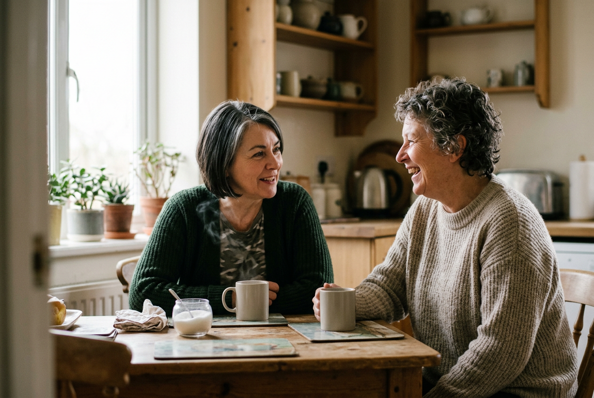 Twee vrouwen praten bij de koffie aan de keukentafel