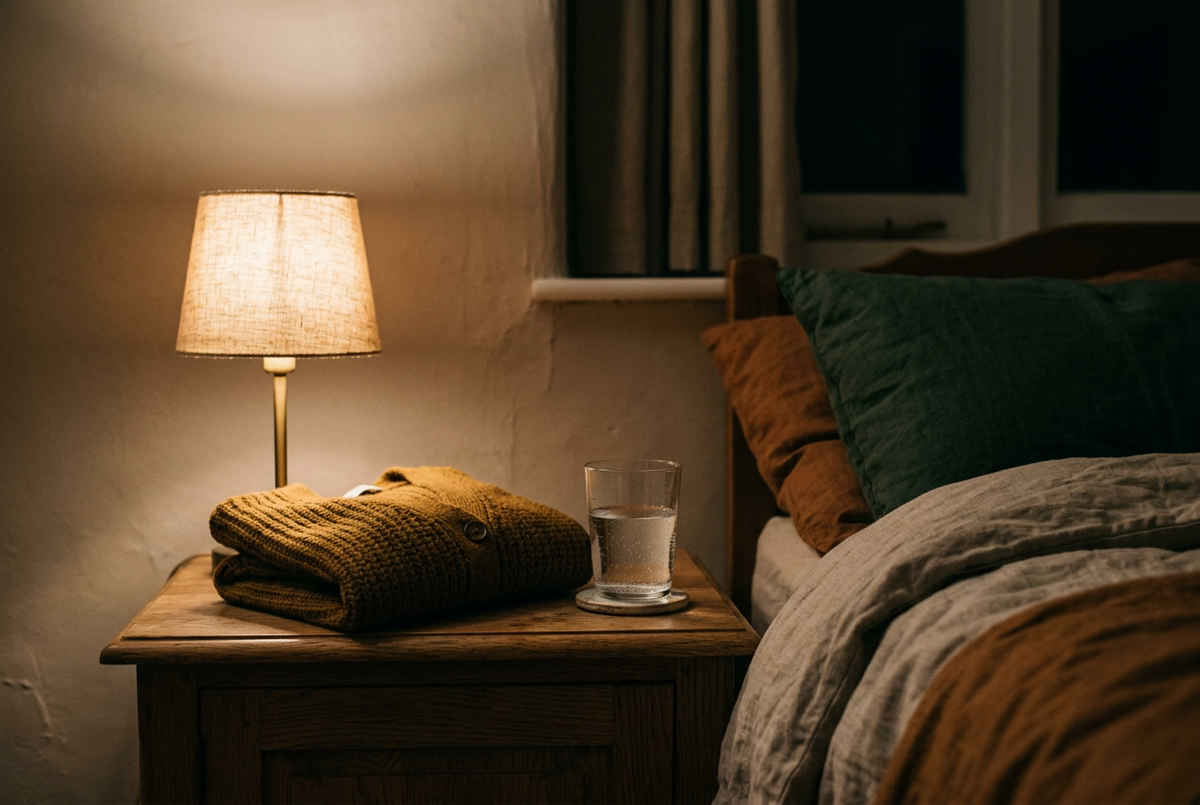 Een nachtkastje met lampje en opgevouwen vest
