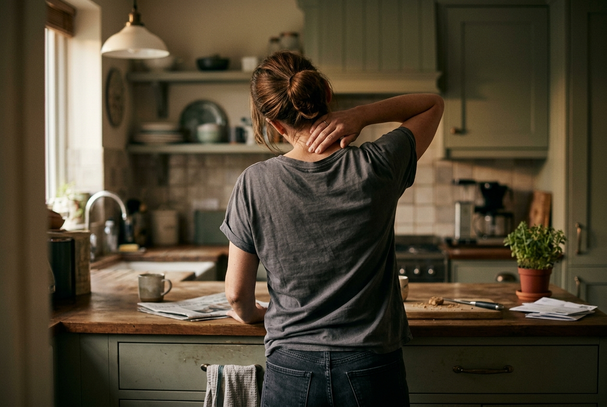 Een vrouw wrijft haar nek na een lange dag