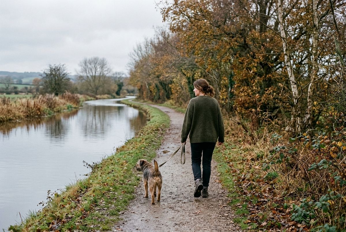 Een vrouw wandelt langs het water op een grijze dag
