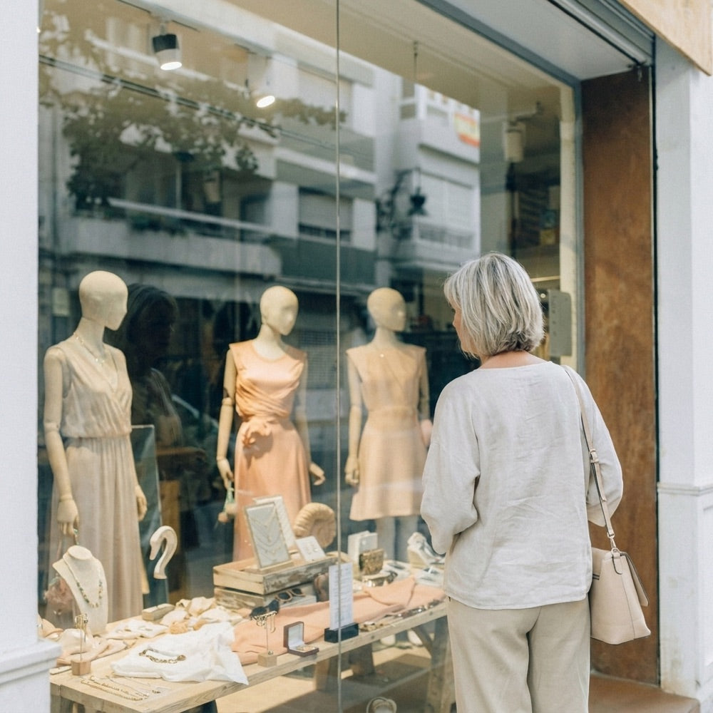 Een vrouw kijkt in de etalage van een lingeriewinkel