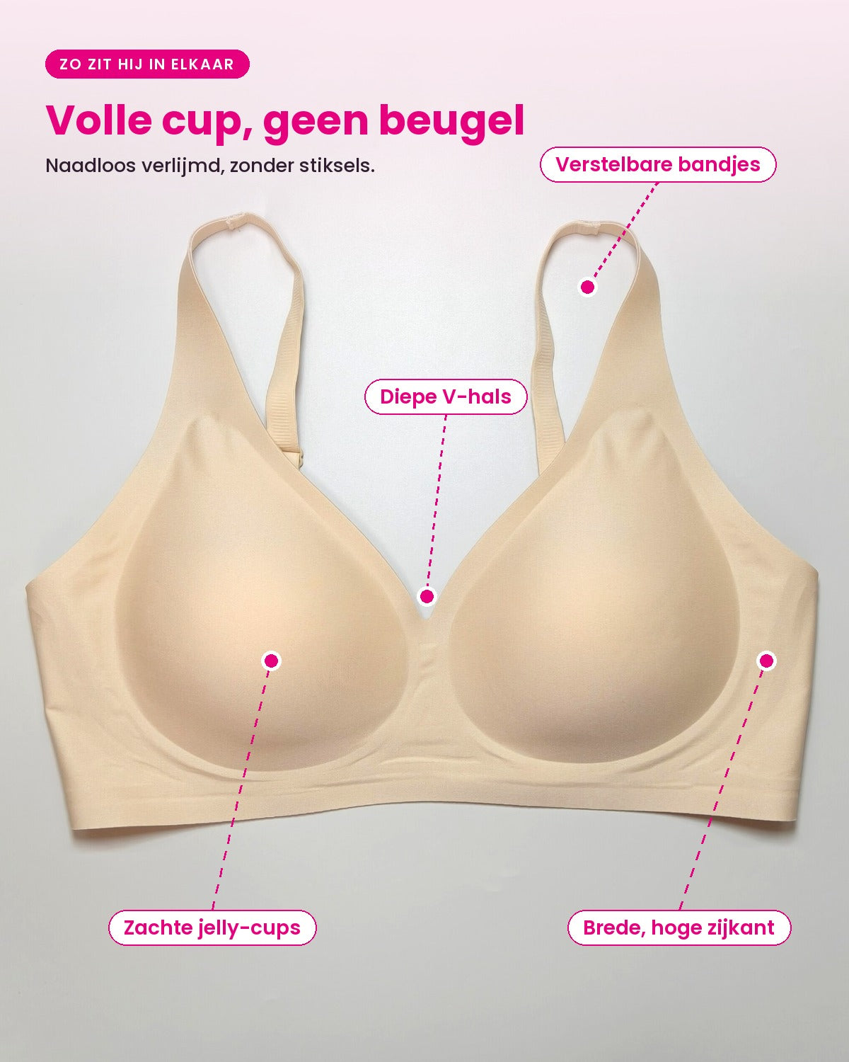 Jelly Full Coverage BH los: jelly-cups, V-hals, verstelbare bandjes en hoge zijkant