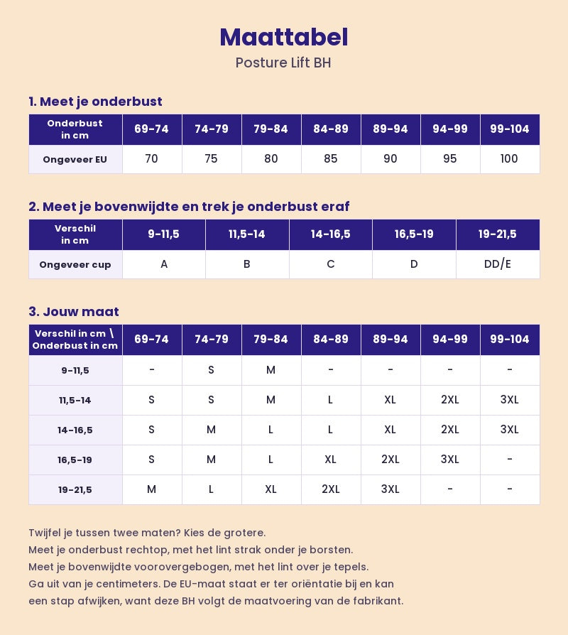 Maattabel Posture Lift BH, in centimeters