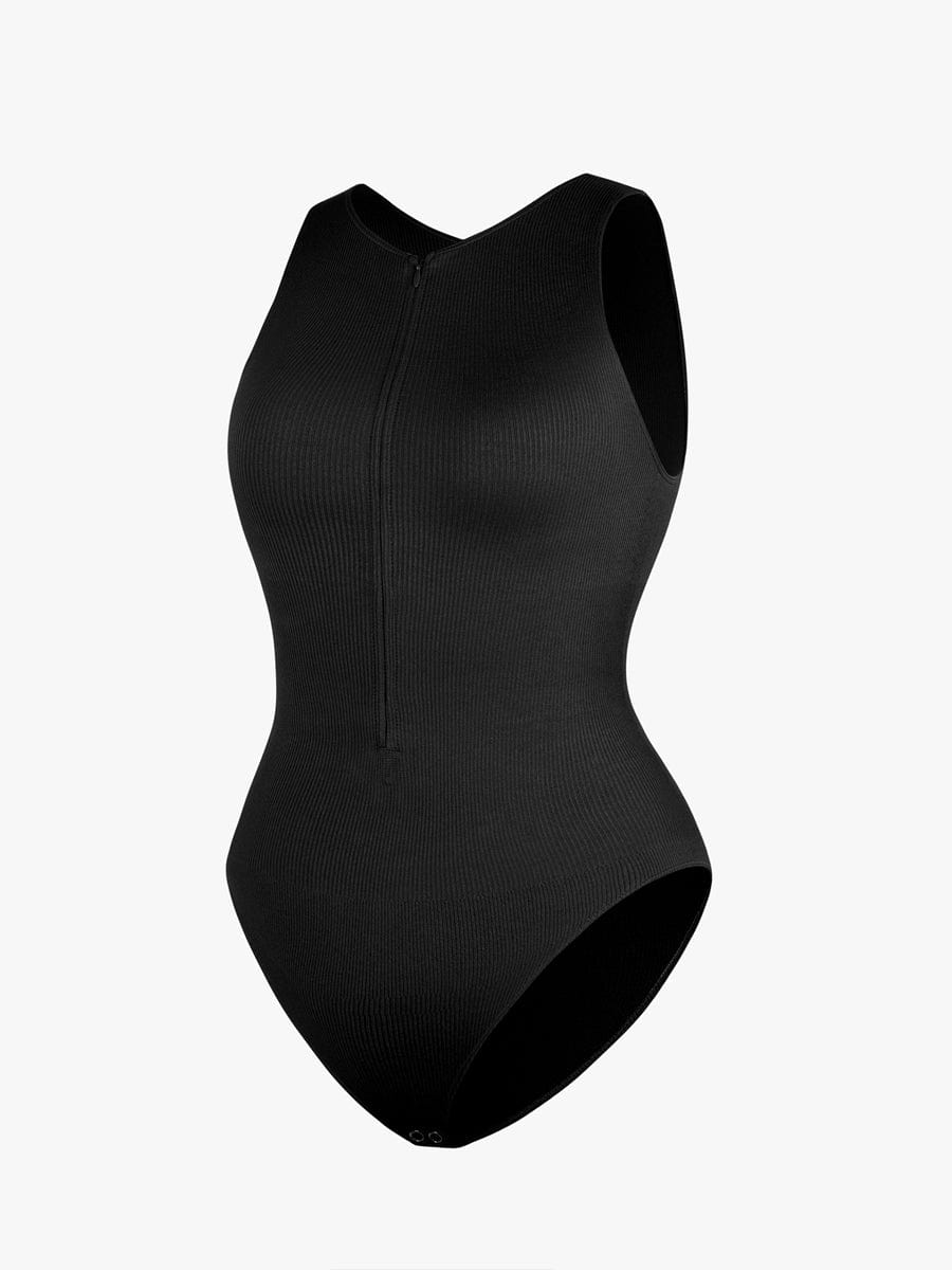 Geribbelde Zip-Front Tank Bodysuit