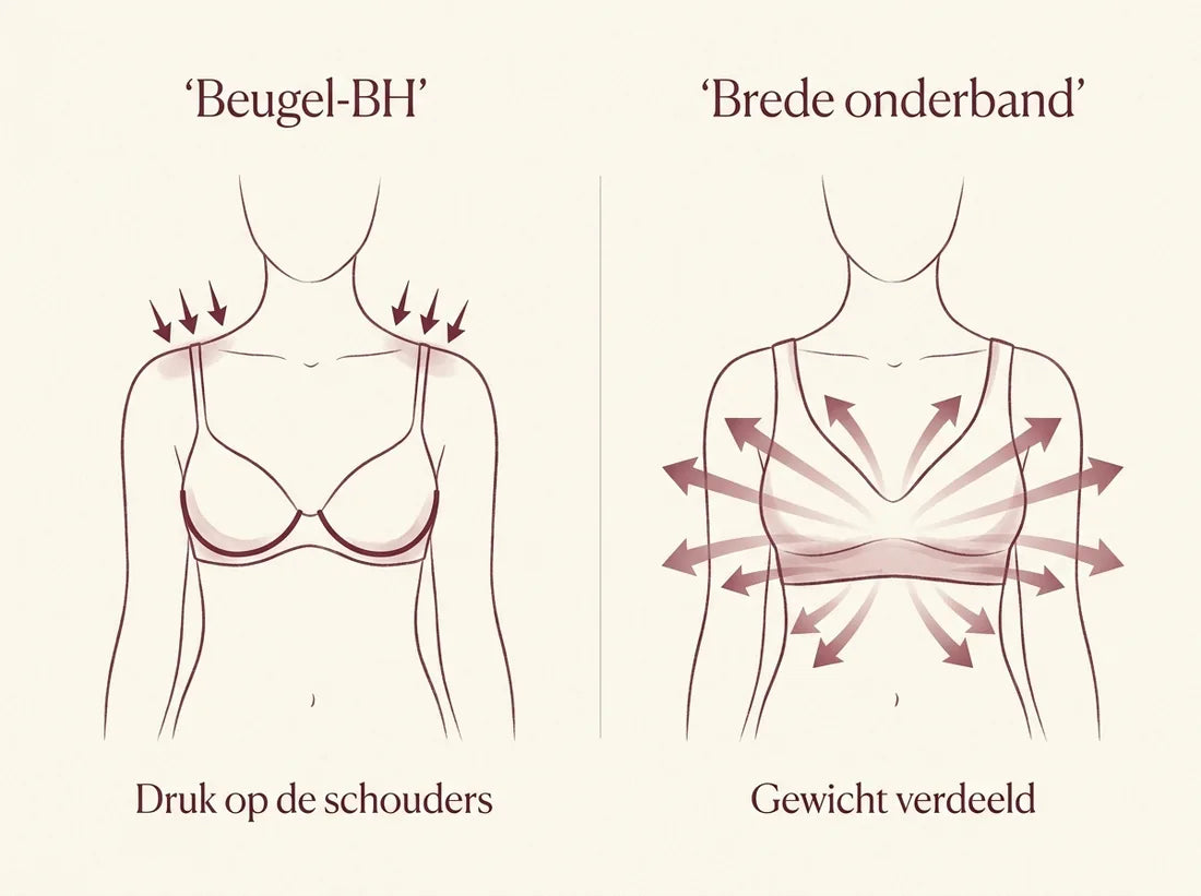 Diagram: beugel-BH concentreert druk op de schouders, brede onderband verdeelt het gewicht gelijkmatig